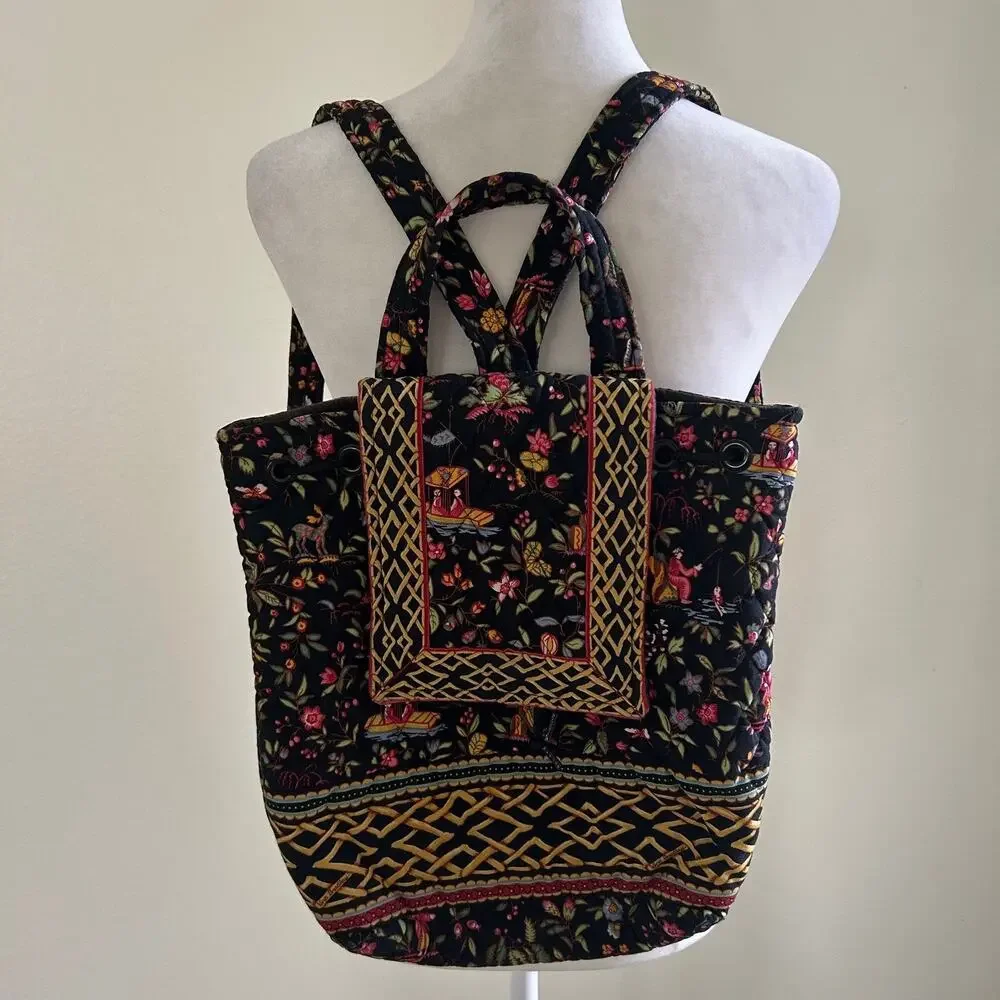 Vera Bradley Black Floral Cotton Backpack Medium Drawstring School Travel